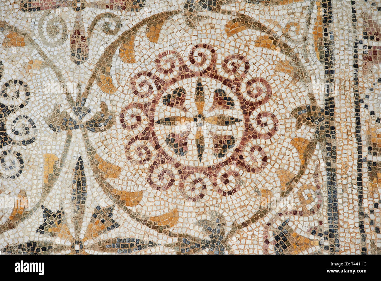 Bilder von einem geometrischen römischen Mosaiken Design, von der antiken römischen Stadt Thysdrus. 3. Jahrhundert n. El Djem Archäologische Museum, El Djem, Tunisi Stockfoto