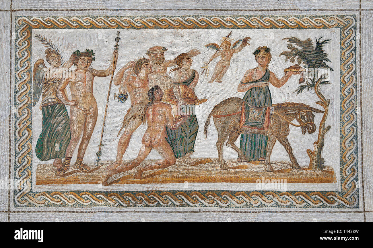 Bild eines römischen Mosaiken Entwurf mit Dionysos, ein Löwe, und von der antiken römischen Stadt Thysdrus. 2. Jahrhundert AD Haus des Dionysos Proc Stockfoto