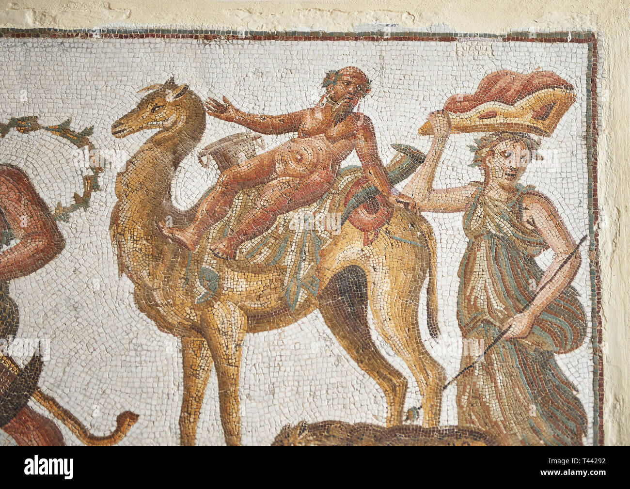 Bild eines römischen Mosaiken Entwurf mit silen auf einem Kamel reiten, von der antiken römischen Stadt Thysdrus. 2., Haus des Dionysos Pro Stockfoto