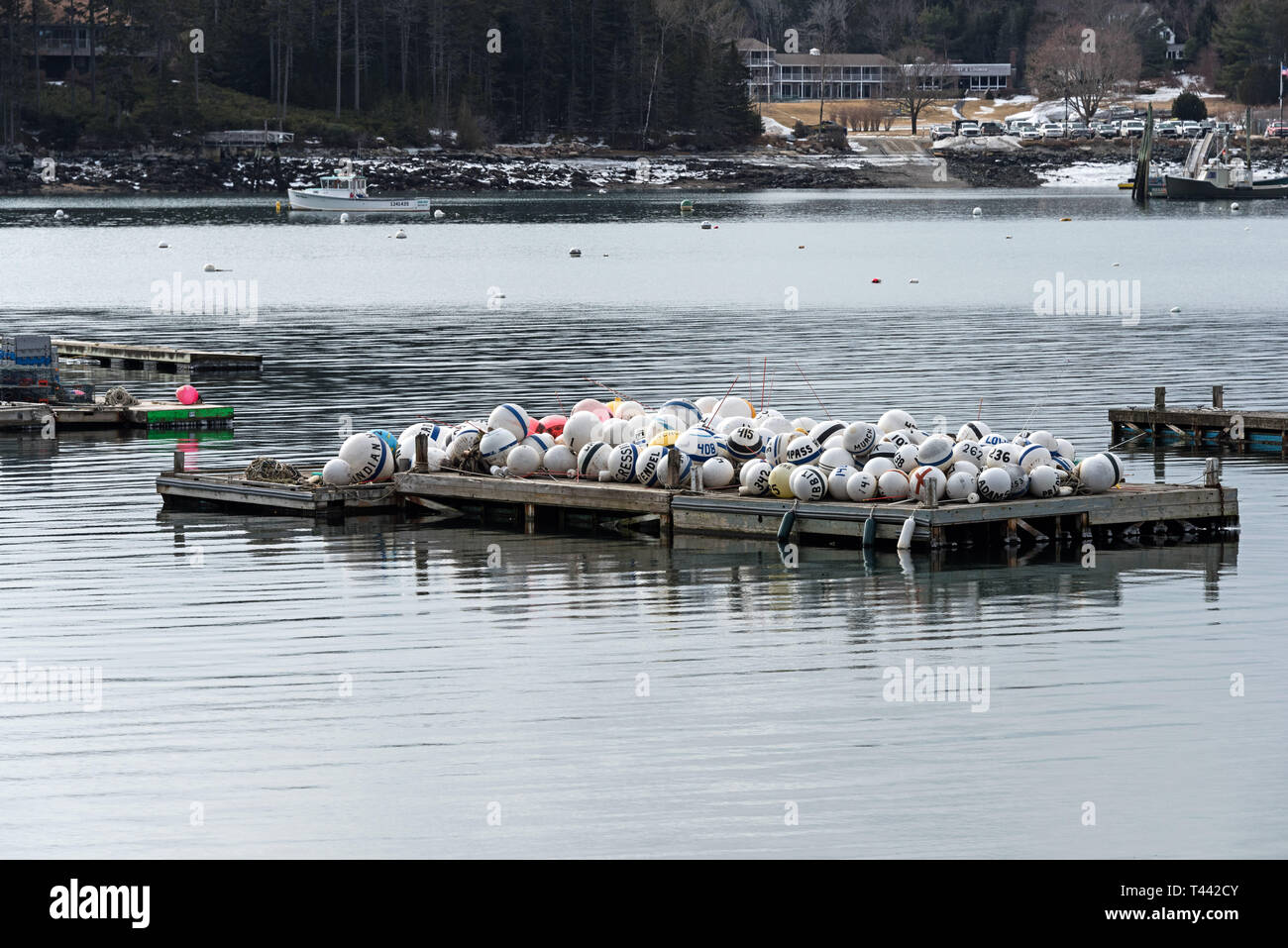 Bojen im Winter an einem Schwimmer in Northeast Harbor, Maine. Stockfoto