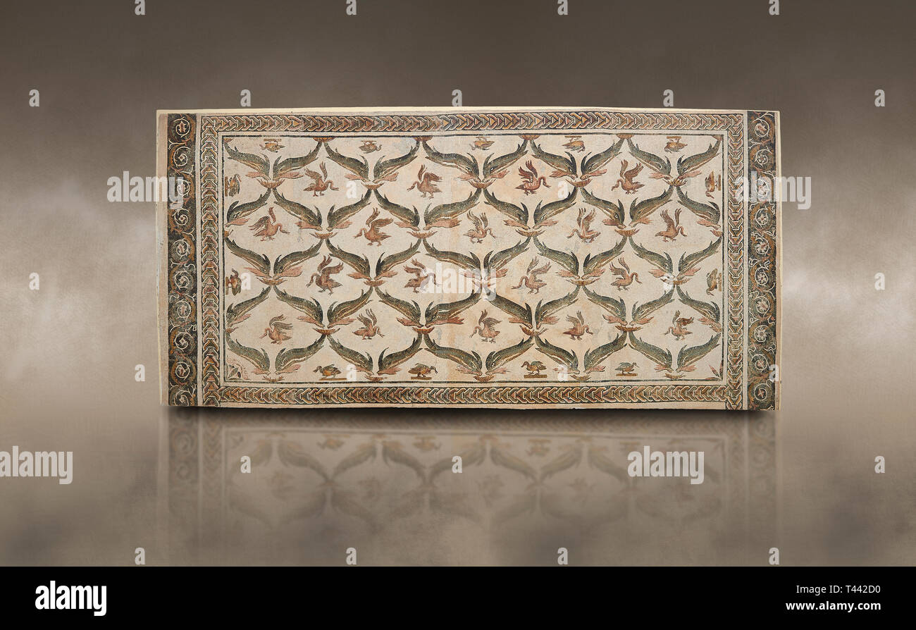 Bild eines geometrischen römischen Mosaiken Design mit Delphinen und Schwäne Designs, von der antiken römischen Stadt Thysdrus. 3. Jahrhundert AD, Haus der Dolphi Stockfoto