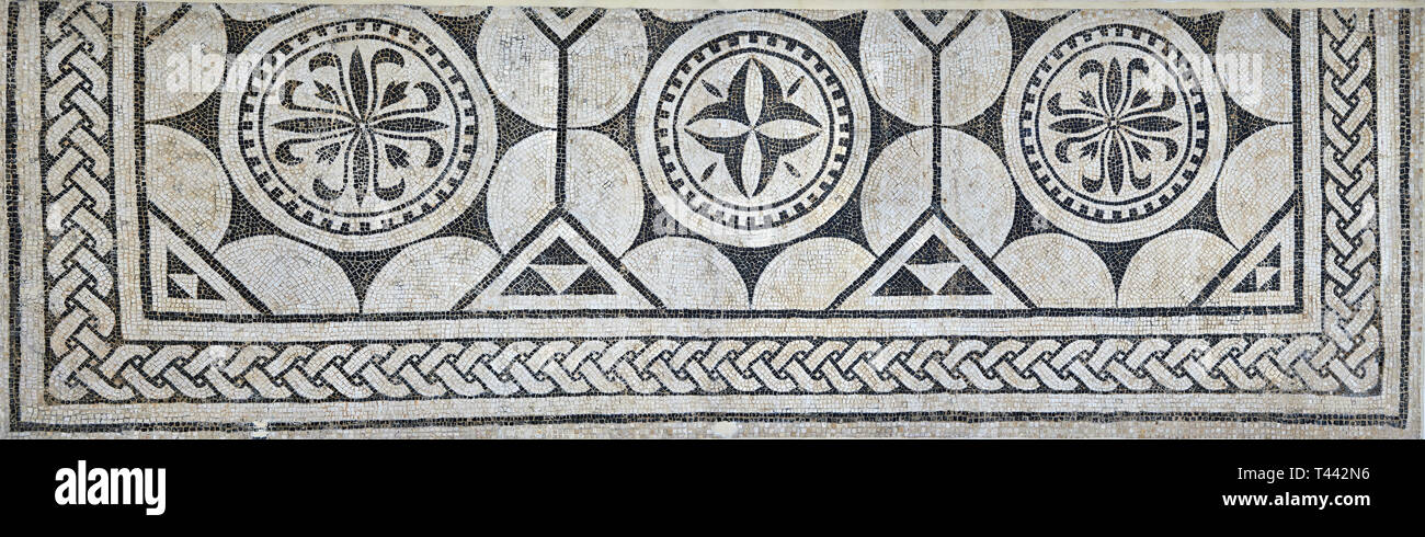 Bild eines Schwarzen und Weißen geometrischen römischen Mosaiken, von der antiken römischen Stadt Thysdrus. 3. Jahrhundert n. El Djem Archäologische Museum, El Djem Stockfoto