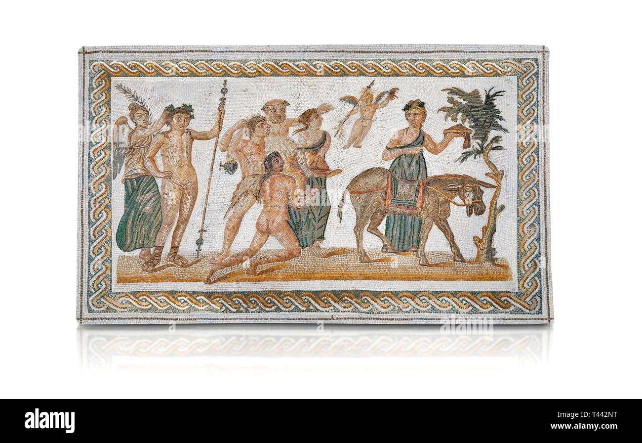 Bild eines römischen Mosaiken Design, die Szenen aus dem Leben des Dionysos, von der antiken römischen Stadt Thysdrus, Haus der Silen. Ende 2. bis e Stockfoto