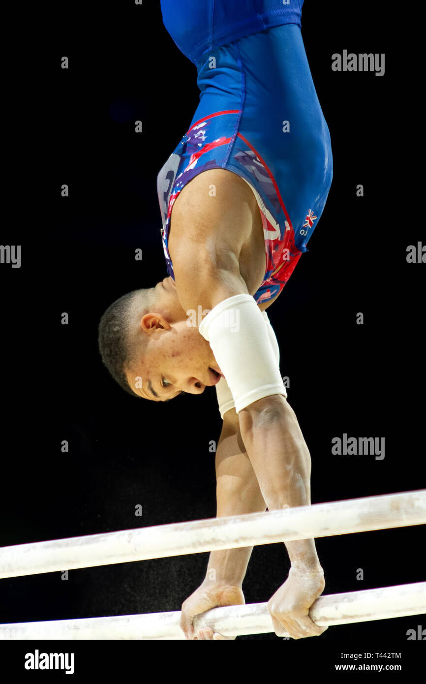 Birmingham, England, UK. 23. März, 2019. Großbritanniens Joe Fraser in Aktion bei der Parallelen bei den Männern bars Wettbewerb, während der 2019 Gymnastik W Stockfoto