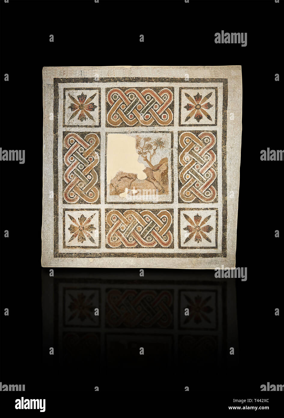 Bilder von einem geometrischen römischen Mosaiken mit Gurt und kreuzförmigen Blumen und in der Mitte eine beschädigte Darstellung eines Laufender Hirsch, von der antiken Stockfoto