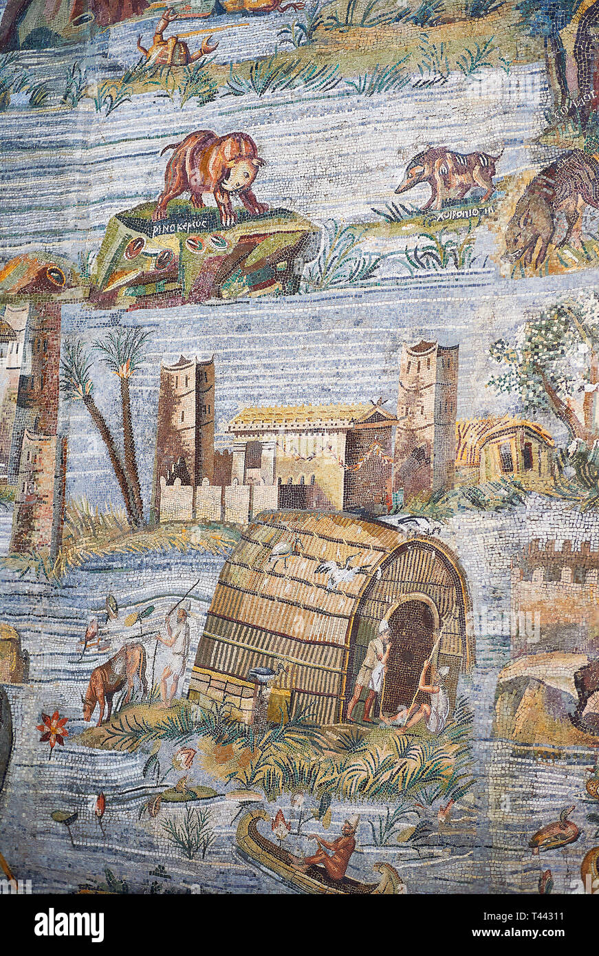Detail Bild der Häuser durch die überschwemmten Nil aus dem berühmten hellenistischen Römischen Nilotischen oder Nil Landschaft Palestrina Mosaik Mosaik von Palestrina 1. Stockfoto