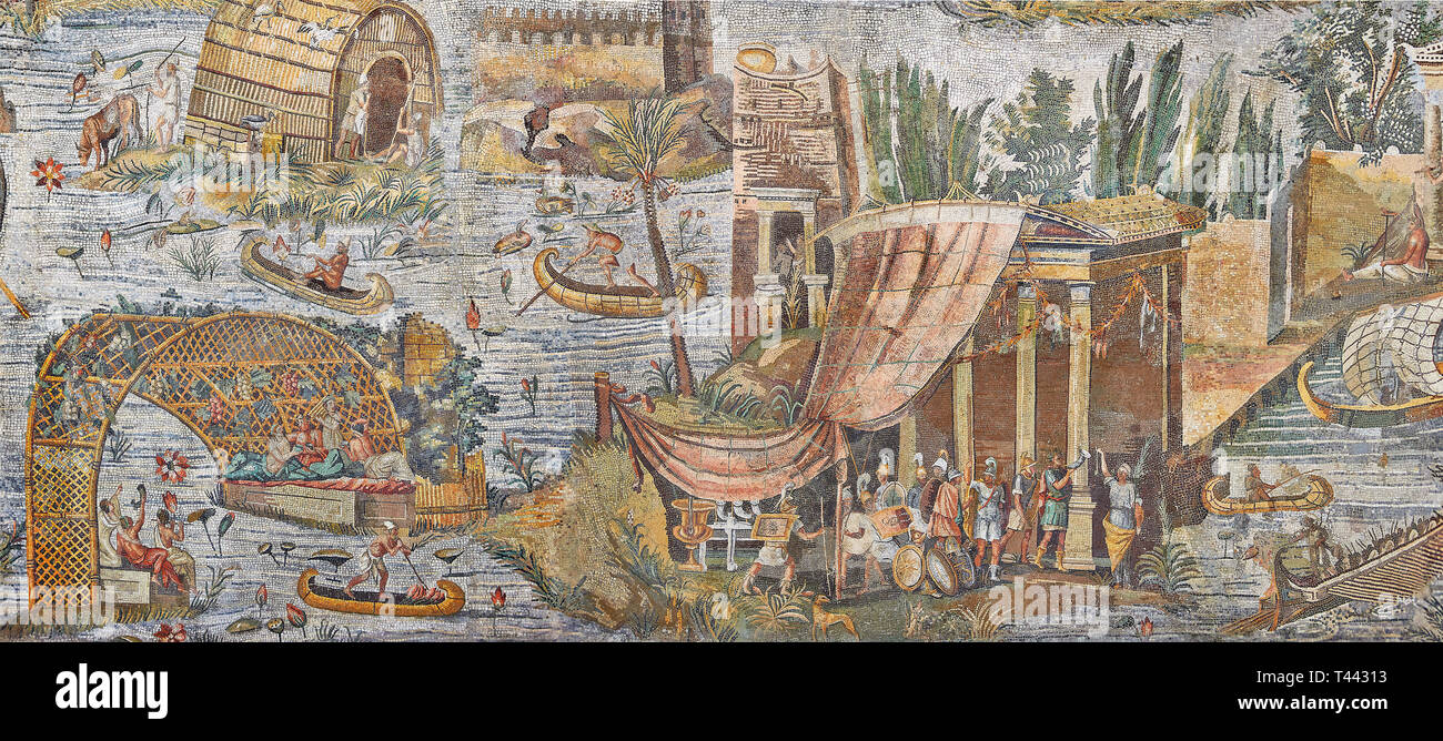 Detail Bild eines Tempels durch die überschwemmten Nil von der berühmten römischen Hellenistischen nilotische Landschaft römischen Palestrina Mosaik Mosaik umgeben oder Nil Stockfoto