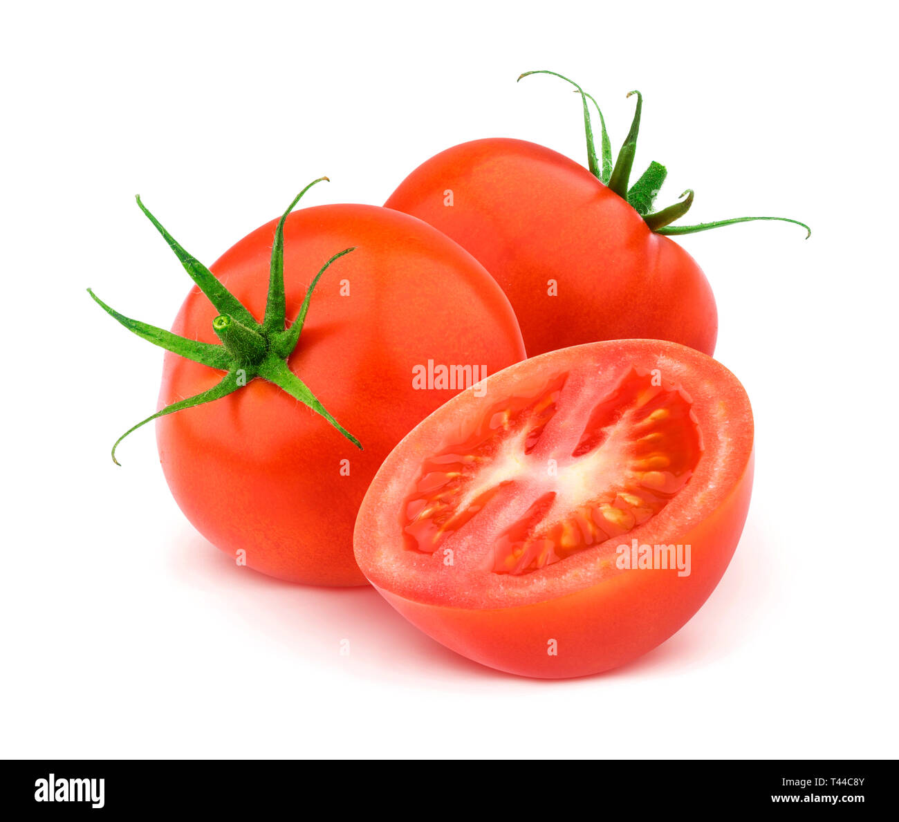 Tomate, die isoliert auf weißem Hintergrund mit Beschneidungspfad Stockfoto