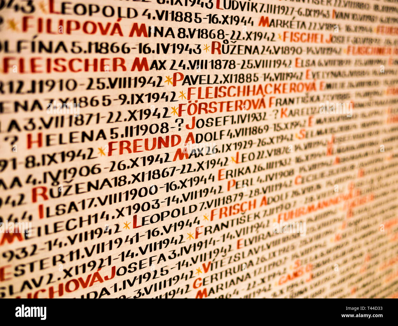 Detail der Pinkas-synagoge Wand, bedeckt mit den Namen der Opfer des Holocaust, Prag, Tschechische Republik Stockfoto