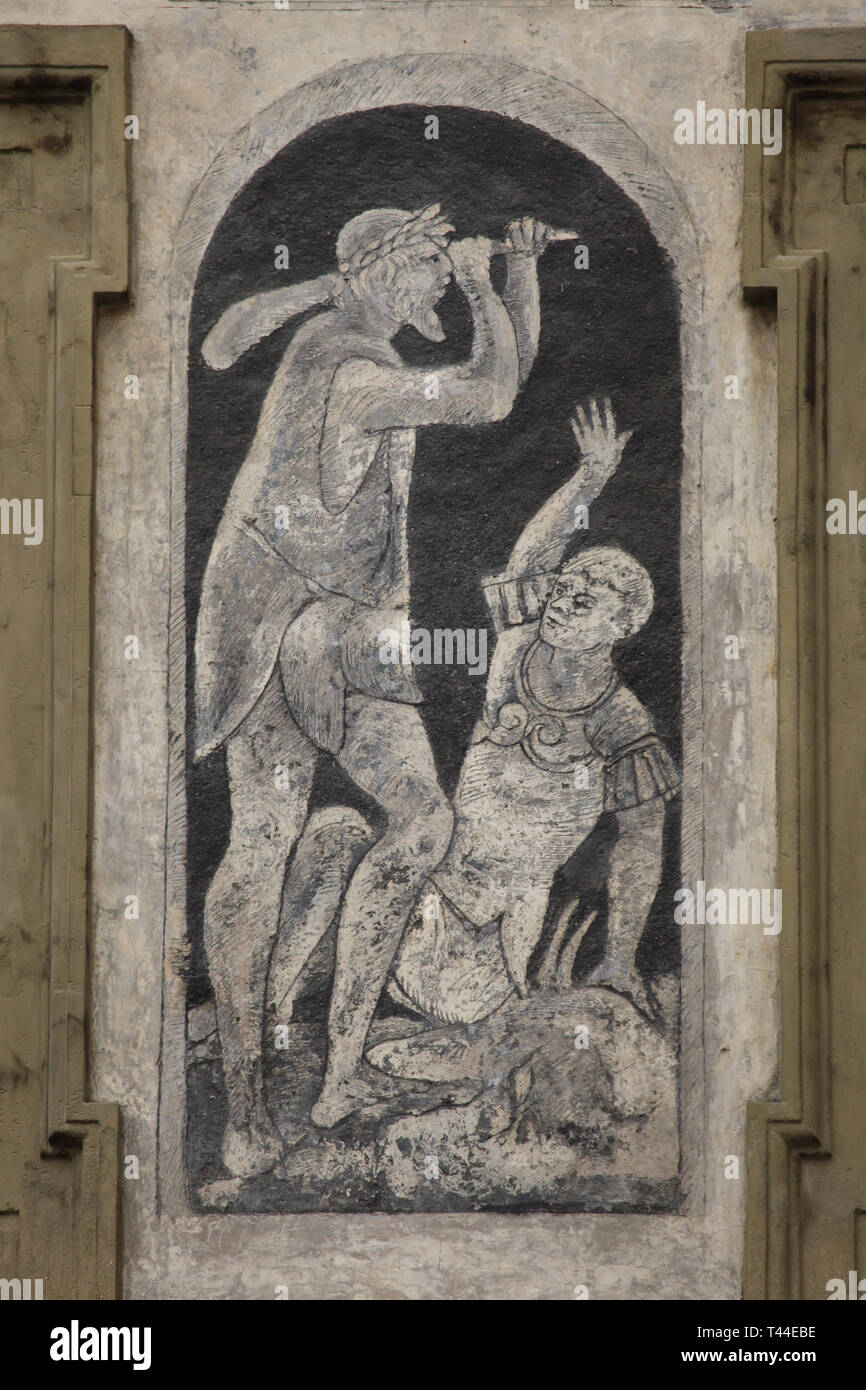 Kain und Abel in die schwarzen und weißen Renaissance sgraffito auf das Haus an der Minute (Dům u minuty) auf dem Altstädter Ring (Staroměstské náměstí) in Prag, Tschechische Republik. Stockfoto