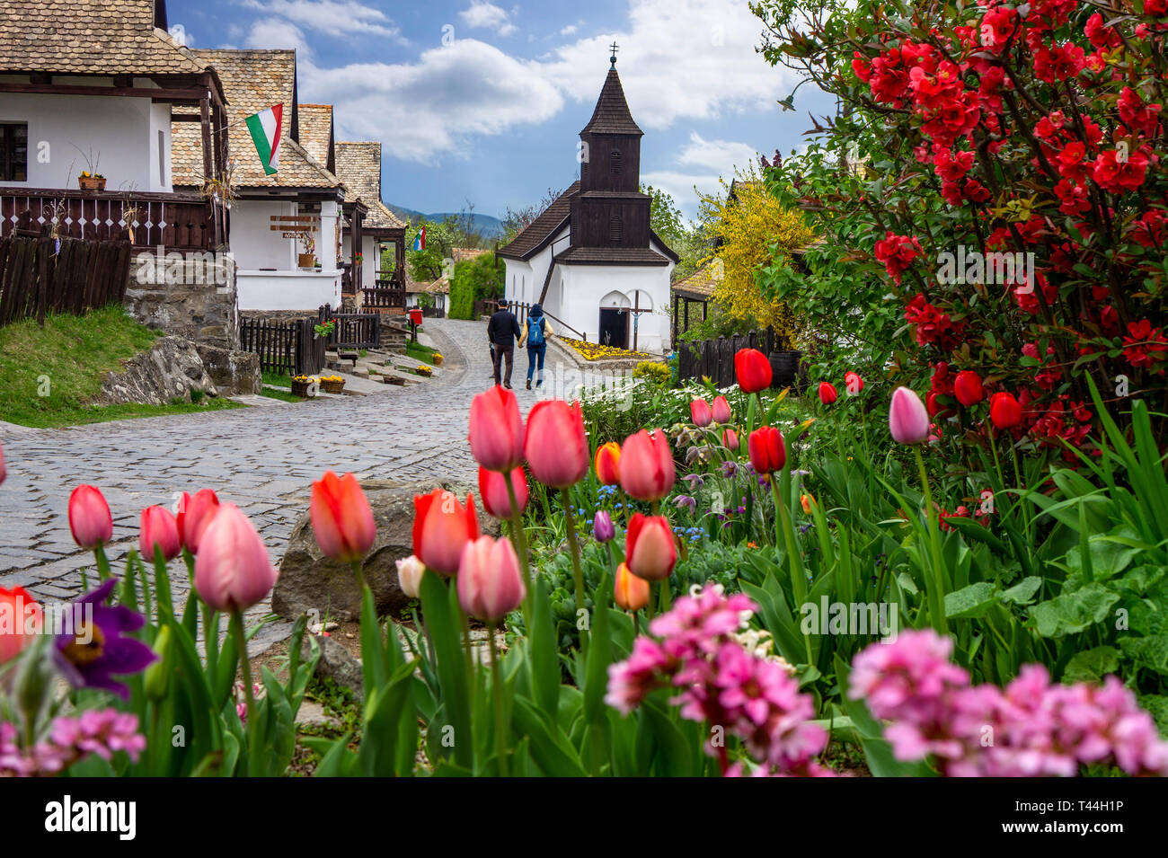 Kleines Dorf Hollókő Holloko Frühling in Ungarn berühmt für Ostern und seine alte, traditionelle ungarische Häuser UNESCO-Welterbe Stockfoto