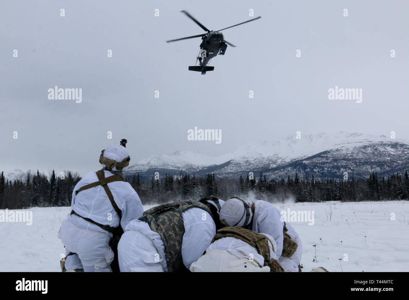 Fallschirmjäger mit 1St Squadron, 40th Cavalry Regiment (Airborne), 4 Infantry Brigade Combat Team (Airborne), 25 Infanterie Division, U.S. Army Alaska, für ein UH-60 medizinische Evakuierung Hubschrauber während Ausbildung bei Joint Base Elmendorf-Richardson, Alaska Feb.20, 2019 das Land warten. Die fallschirmjäger geprobt medizinische Evakuierung Verfahren, einschließlich der Verwendung von Hoist System des Hubschraubers. Stockfoto