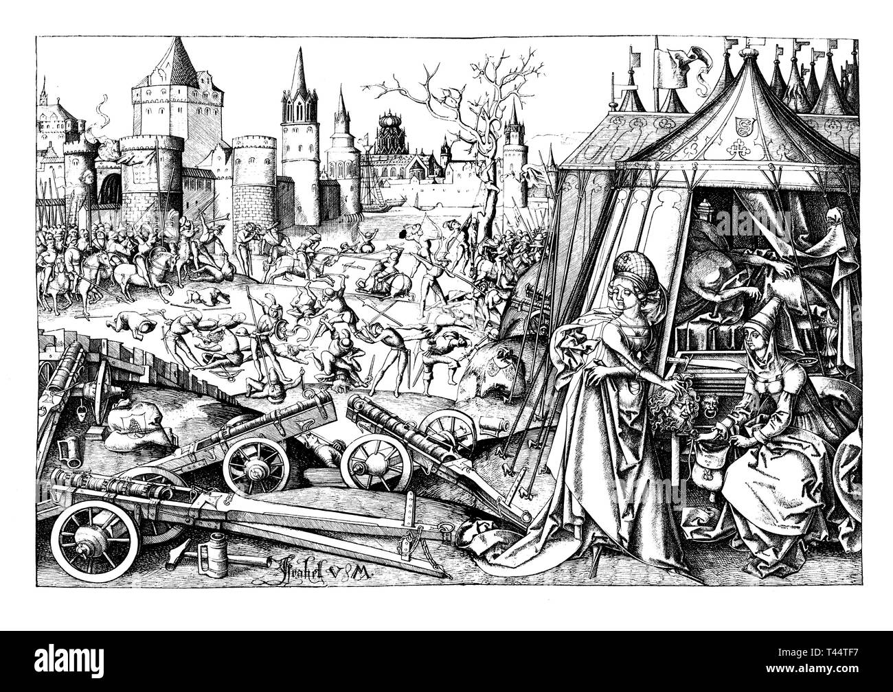 Judith mit dem Haupt des Holofernes in die vordere Hütte der Lager mit Renaissance Kostüme von Israhel van Meckenem XV. Stockfoto