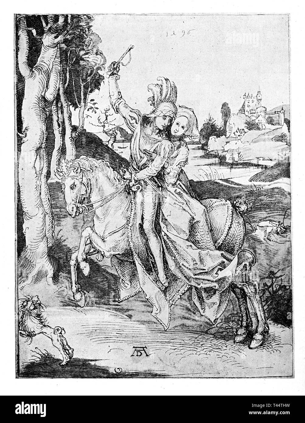 Junges Paar, romantisches Wochenende eines Ritters und eine Dame auf einem weißen Hengst, der von einer Burg in den Wald, Zeichnung von Albrecht Dürer. 1496 Stockfoto