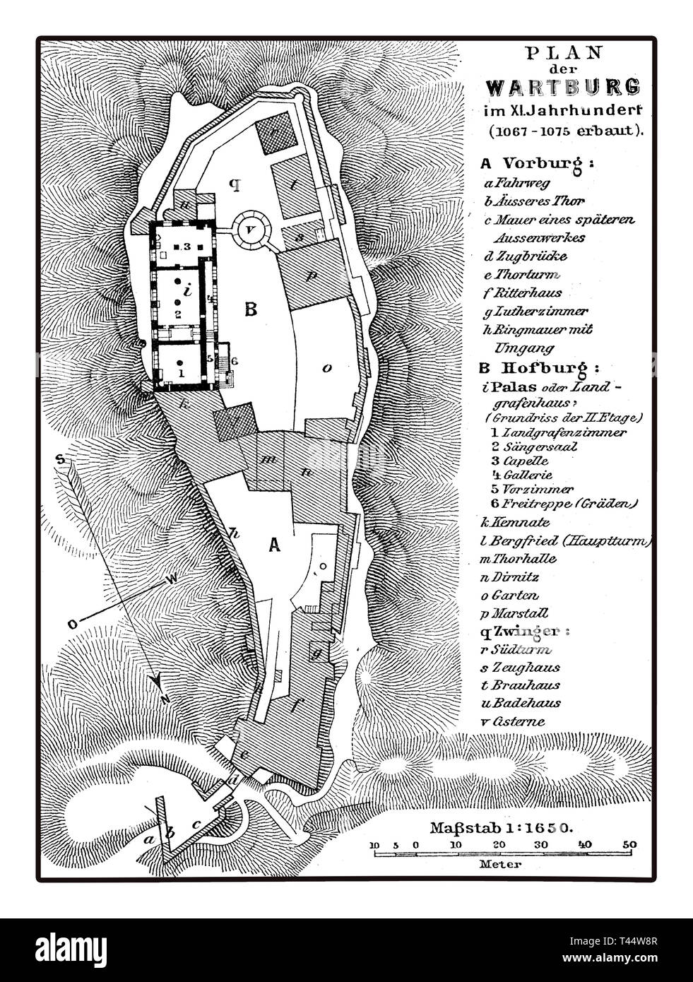 Karte von der Wartburg in Thüringen Deutschland gegründet Im XI Jahrhundert als territoriale Verteidigung in einen herausragenden Platz ein. Stockfoto