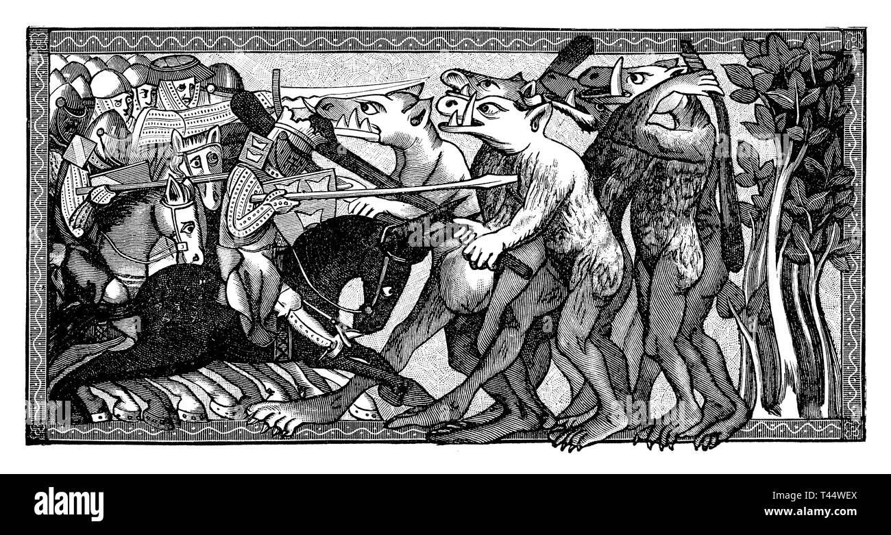 Alexander der Große in der Schlacht gegen fantastische Tiere, nachdem eine Miniatur des 13. Jahrhunderts Stockfoto