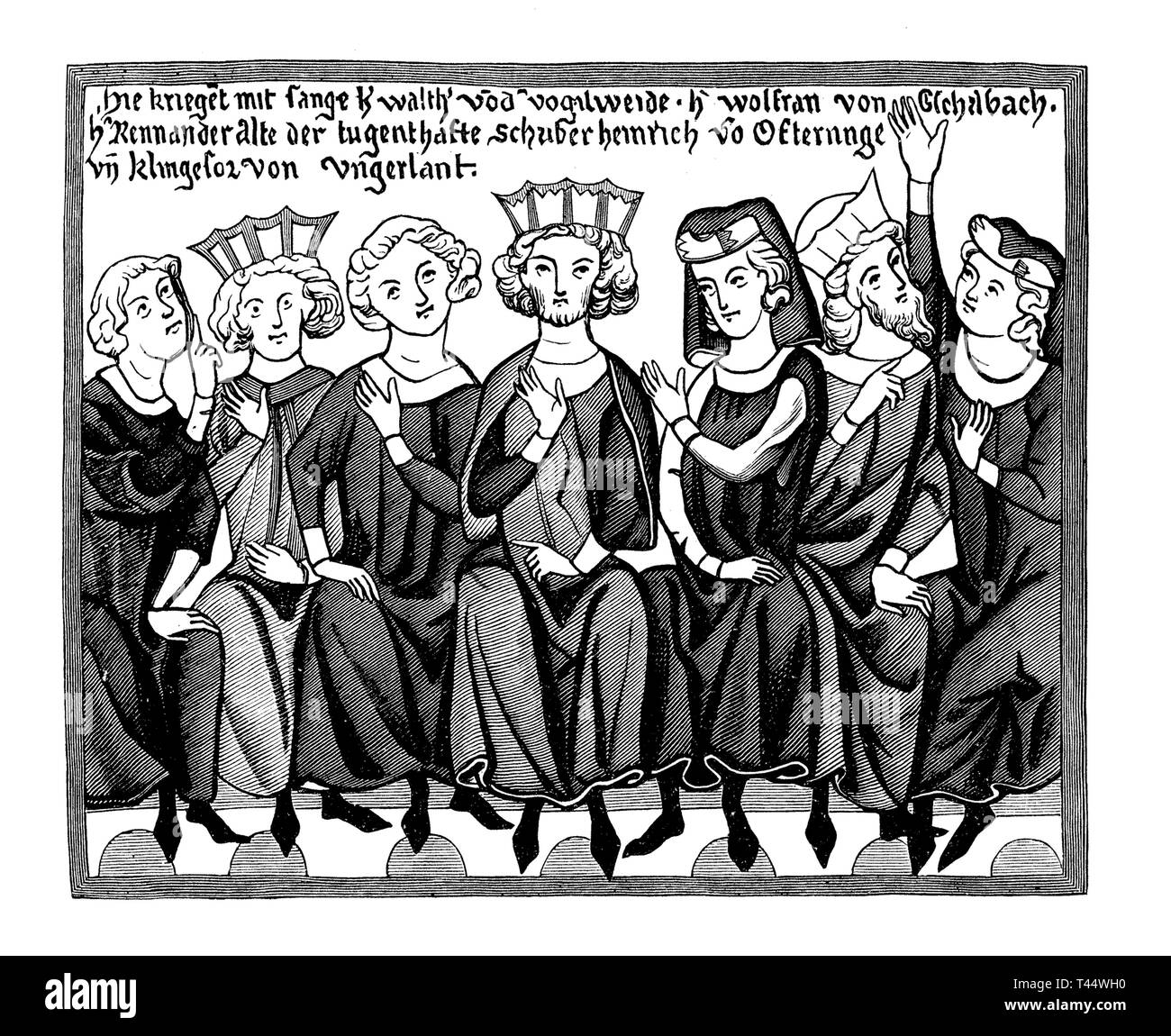 Miniatur aus dem Codex Manesse Handschrift beschreibt die Minnesänger Wettbewerb (saengerkrieg) von Wartburg im Jahr 1207 wichtige epische Legende der mittelhochdeutschen Literatur. Sechs Sängerinnen waren vor dem Grafen und der Gräfin von Thüringen, um herauszufinden, welche am besten singt Loblieder auf ein Prinz. Stockfoto