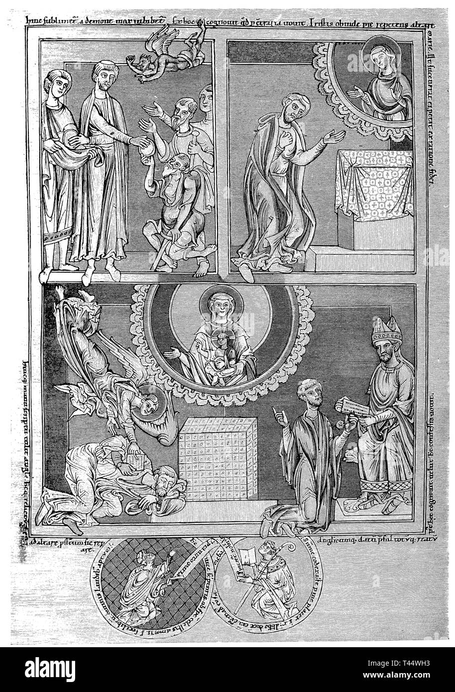 Mittelalterliche reprise von Die Legende des Heiligen Theophilus von Adana eine orthodoxe Kleriker des sechsten Jahrhunderts sagte, einen Pakt mit dem Teufel die kirchliche Position zu gewinnen gebildet zu haben. Seine Geschichte war eine Inspiration für die Faust Legende. Stockfoto
