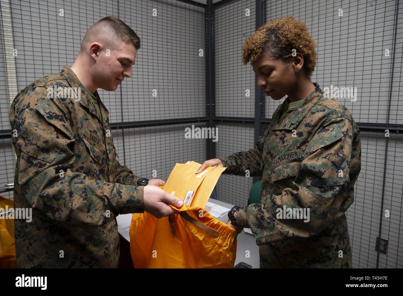 Us Marine Corps Pvt. Parker E. Baker, Links, und Pfc. Alejandrina C. Jenkins, Recht, Studenten dienststellenübergreifenden Post Ausbildung, Marine Corps Combat Service Support Schulen zugewiesen, die Teilnahme an einer praktischen Anwendung Labor auf mail handling in Fort Jackson, S.C., Jan. 25, 2019. Die praktischen Übungen sind in einem behelfsmäßigen Post Office, die Marines mit ihrer künftigen Arbeit Umgebungen gewöhnt werden durchgeführt. Stockfoto