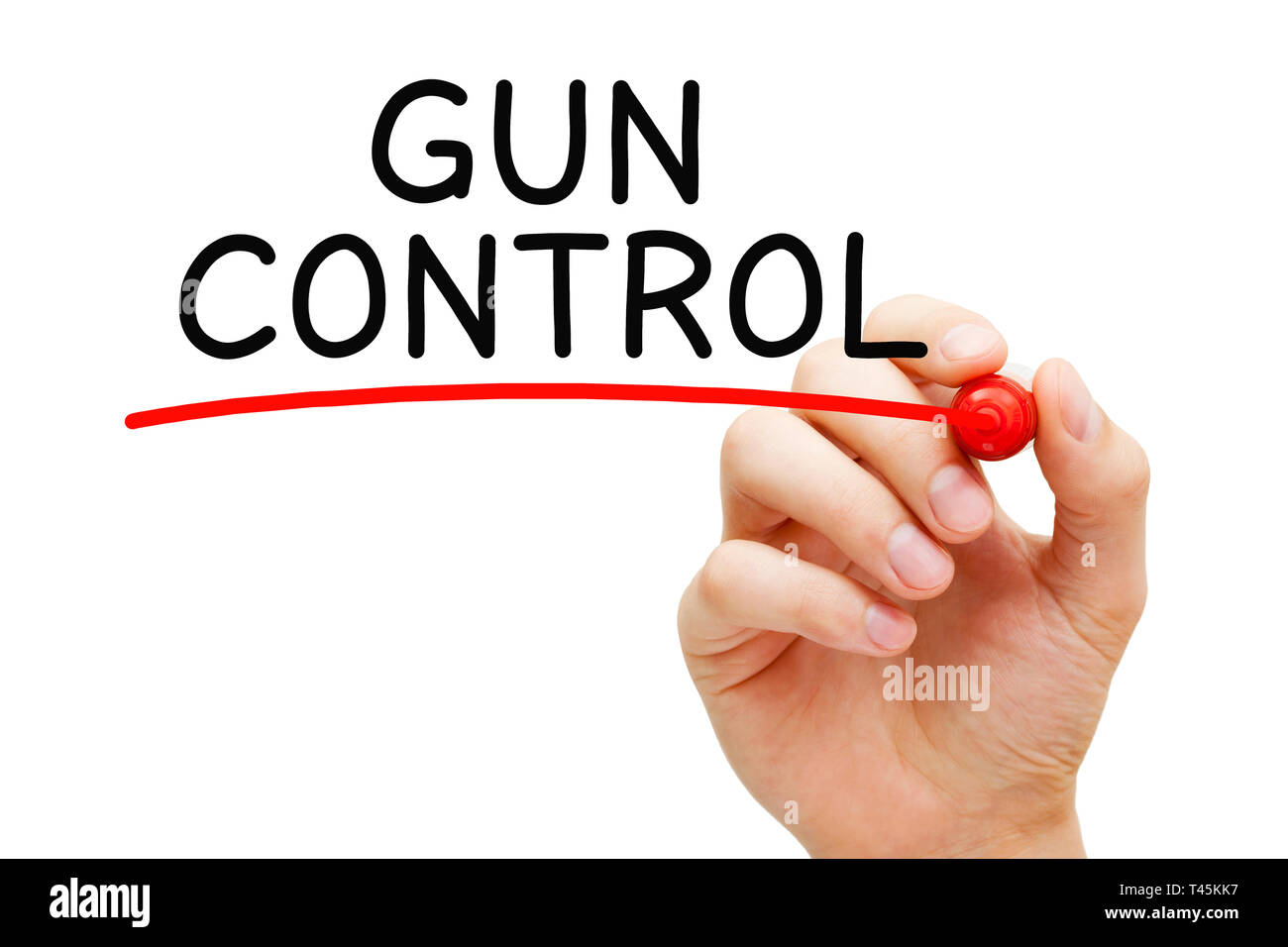 Hand schreiben Gun Control mit schwarzem Marker. Konzept über die Regelung der Verkauf, der Besitz und die Verwendung von Feuerwaffen durch Zivilisten. Stockfoto