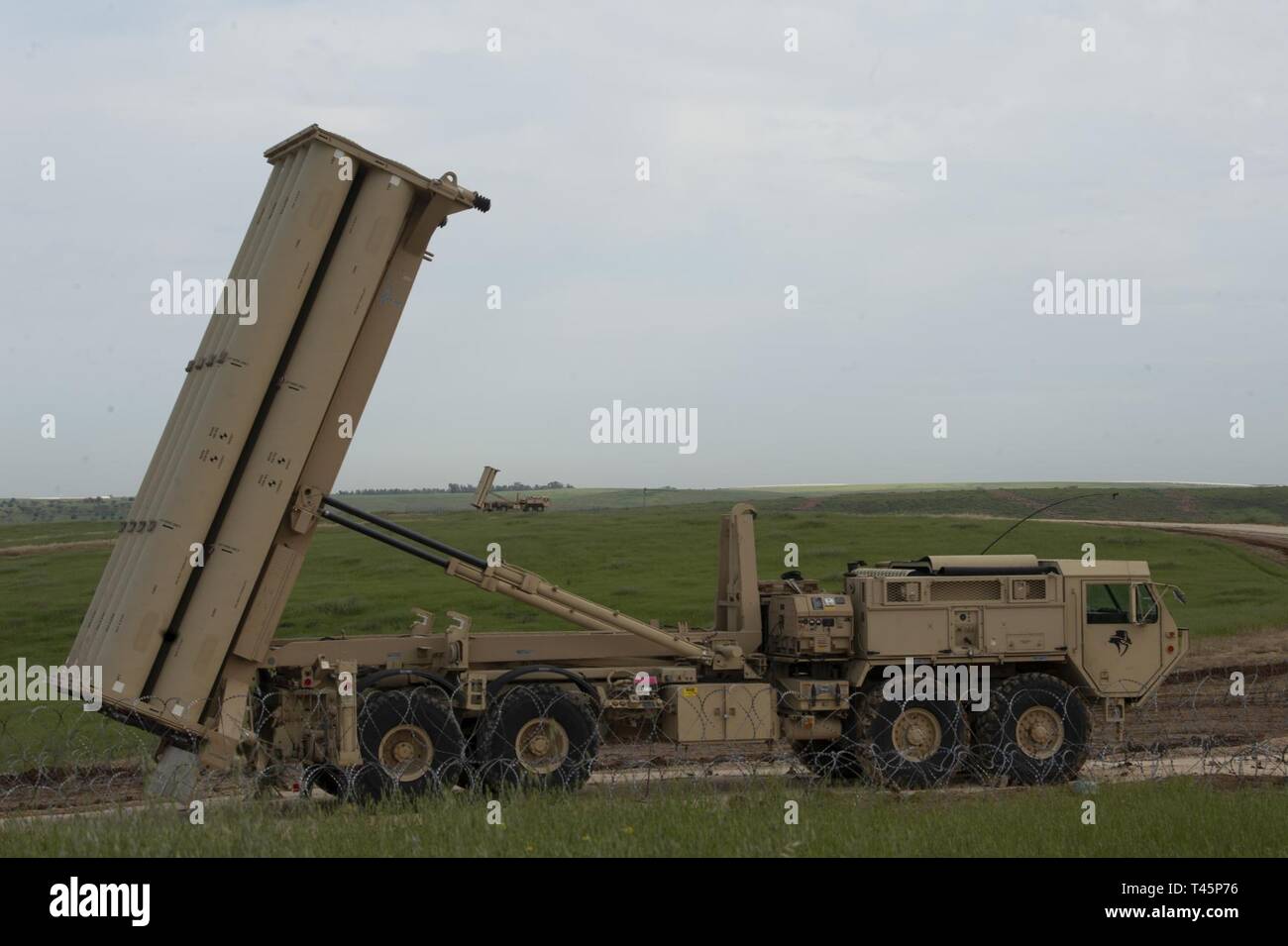 Ein U.S. Army Terminal High Altitude Area Defense Aussetzstation sitzt am bereit, Israel, 4. März 2019. Die Bereitstellung eines THAAD-System an Israel ist eine Übung für US-Army, US Air Force und die israelischen Streitkräfte, unter der dynamischen Kraft Beschäftigung Konzept. Die Übung baut Bereitschaft und Interoperabilität in der Region, zeigt die US-Fähigkeit, schnell air defence Assets weltweit bereitstellen, und beweist die U.S. Army Europe mission potentielle Gegner und Verbündete zu verhindern. Stockfoto