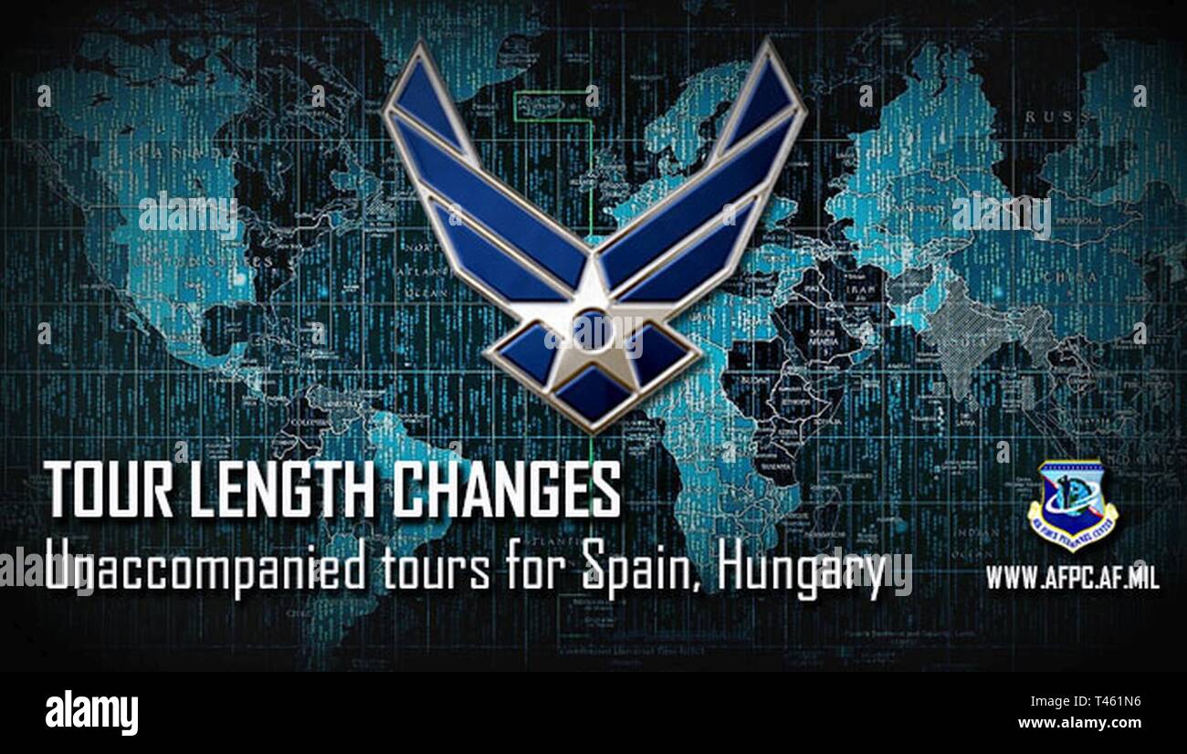 Air Force militärische Tour Längen für unbegleitete Zuordnungen zu Papa Air Base, Ungarn, und Moron AB, Spanien, wird mit Wirkung vom 1. April 2019. Papa AB wird eine 18-monatige werden Unbegleitete Tour, während Moron wird eine 12-monatige Unbegleitete Tour geworden. Stockfoto