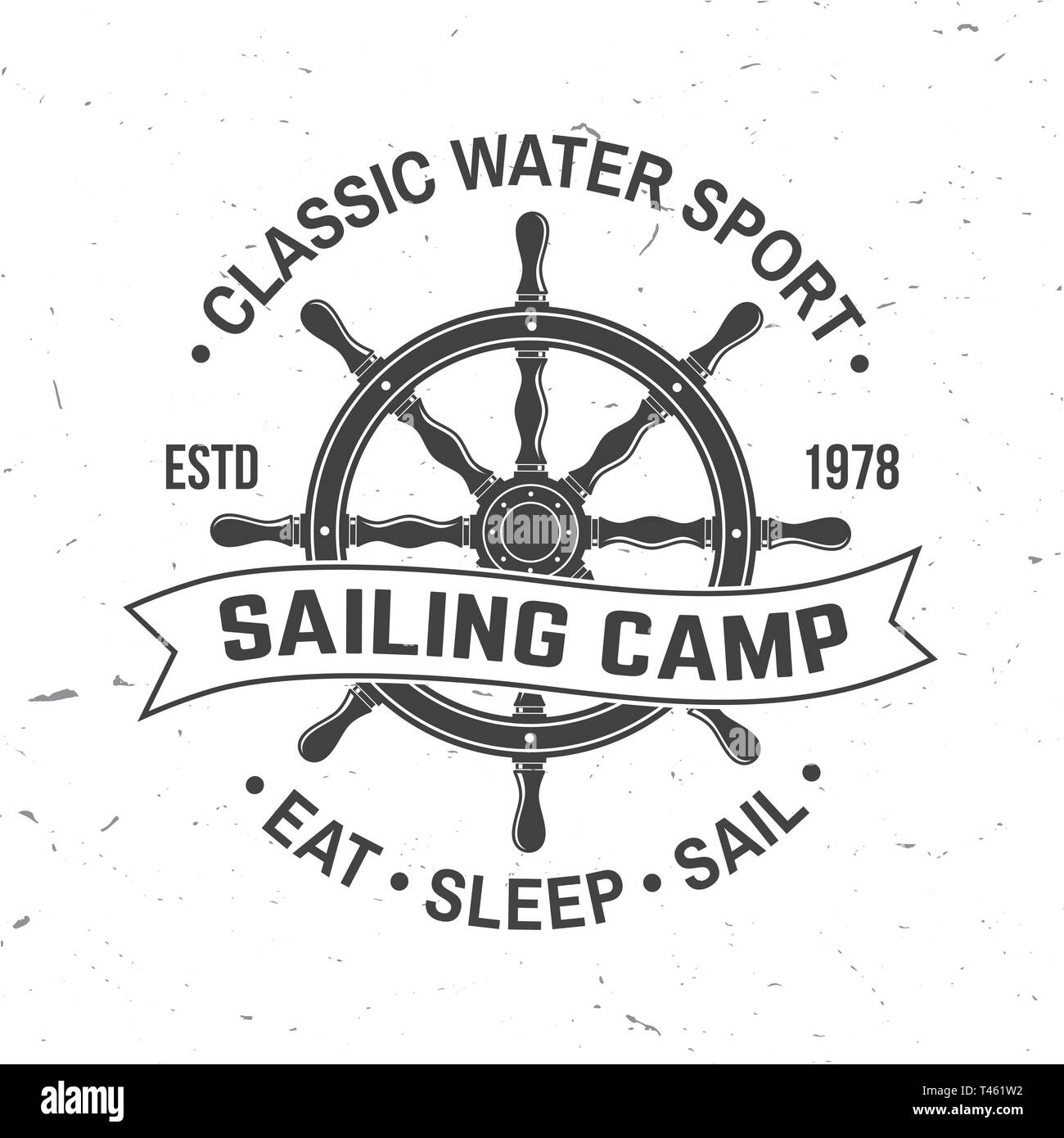 Yacht Club Abzeichen. Vector Illustration. Konzept für T-Shirt, Druck, Stempel oder T-Stück. Vintage Typografie Design mit schwarzen Meer Anker, Lenkung Vorderrad Schiff und Seil Knoten Silhouette. Ozean Abenteuer. Stock Vektor