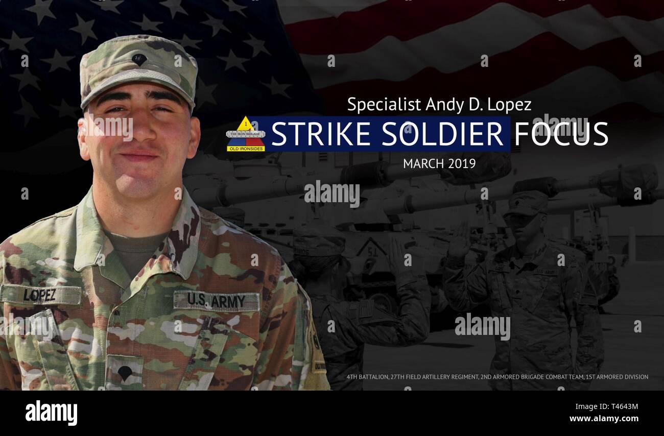 Us-Armee Spezialist Andy D. Lopez, eine Kanone Crewmember zu 4 Bataillon zugeordnet, 27 Field Artillery Regiment. Lopez ist ein Eingeborener von Havanna, Kuba. Im Jahr 2003 wanderte er in die USA und wurde später eingebürgert als US-Bürger. Er ist derzeit als Gunner für die M109A6 Paladin und dient in einem Sergeant Position. Aufgrund seiner ständigen Initiative, Lopez zeichnet sich unter seinen Kollegen. Er bleibt stark und führt zu einem noncommissioned officer Ebene. Er sucht ständig Möglichkeiten, sich selbst zu verbessern und seine technischen und taktischen Skillset zu verfeinern. Seine Hingabe an die Mission Erfolg hat ihn als Battalio Stockfoto