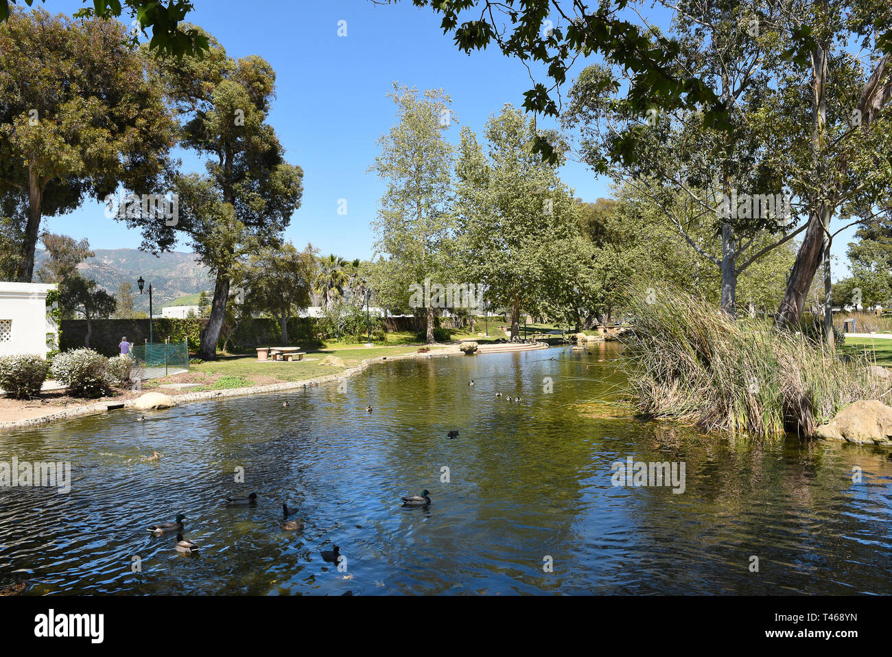 SANTA BARBARA, Kalifornien - 11. APRIL 2019: Teich am Chase Palm Park. Ein öffentlicher Park entlang der Uferpromenade mit Spiel-, Teich, Picknickplätze und ein wedd Stockfoto