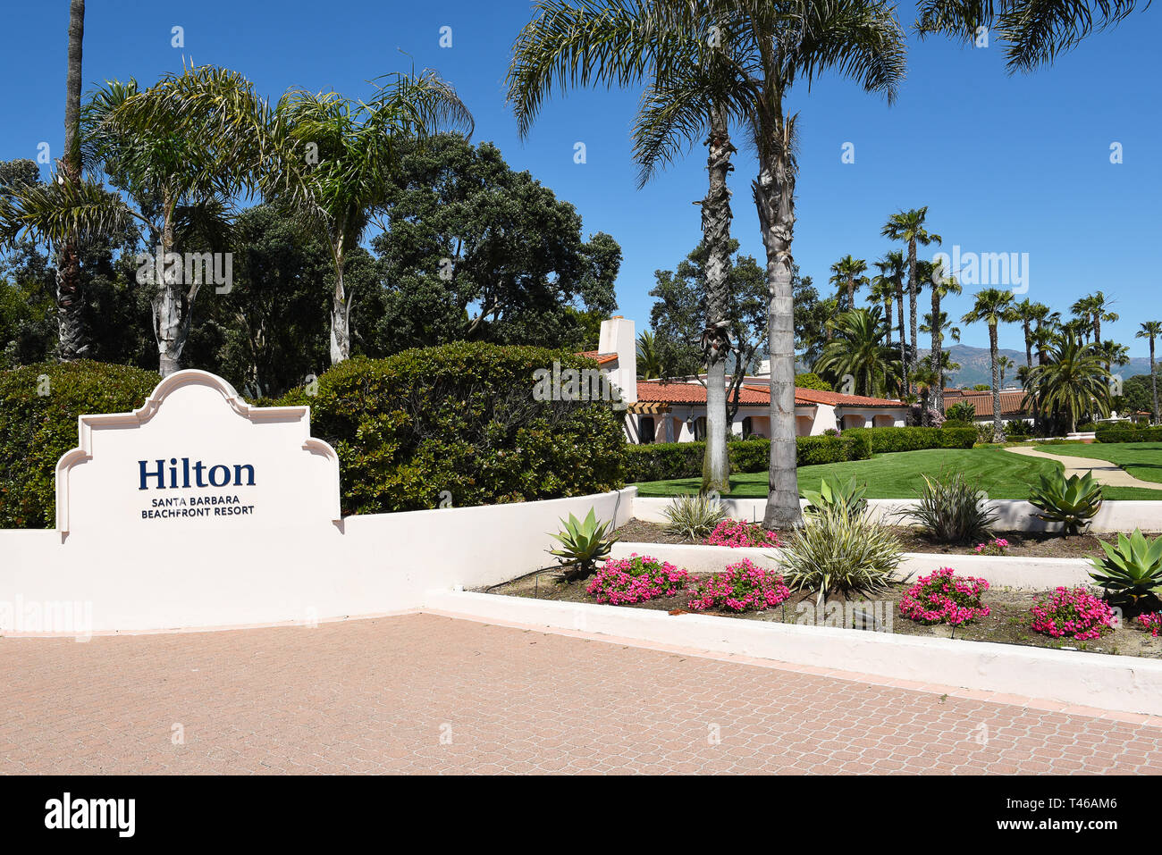 SANTA BARBARA, Kalifornien - 11. APRIL 2019: Hilton Santa Barbara Beachfront Resort am Strand gelegen, nur Minuten von der Innenstadt mit herrlichem Blick fr Stockfoto
