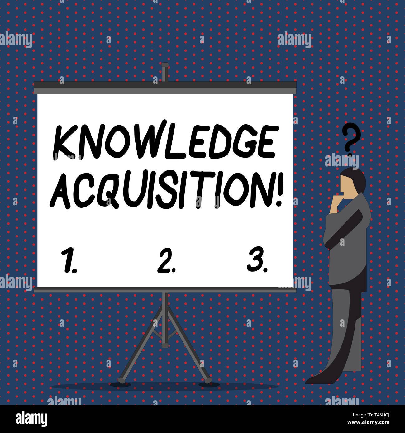 Text Zeichen zeigen Erwerb von Wissen. Business Foto text Prozess der Extraktion von Wissen aus einer Hand Geschäftsmann mit Fragezeichen über seinem Stockfoto