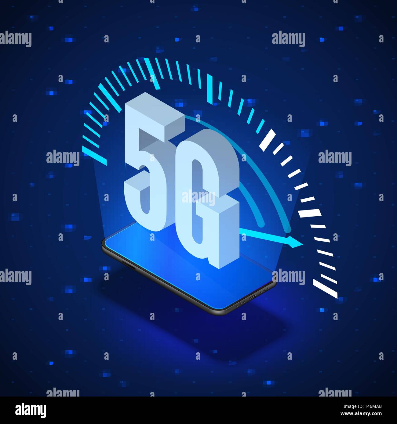 5G Wireless Network Systems. Mobiles Internet. Isometrische Banner 5G-Technologie. Vector Illustration Stock Vektor