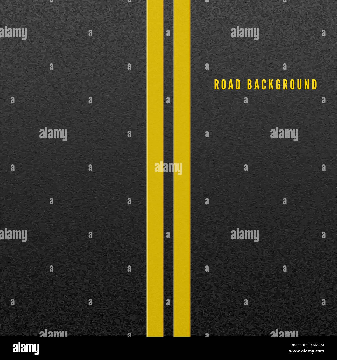 Struktur der körnigen Asphalt. Abstrakte Straße Hintergrund. Asphalt Textur mit zwei gelbe Linie signalisieren. Vector Illustration Stock Vektor