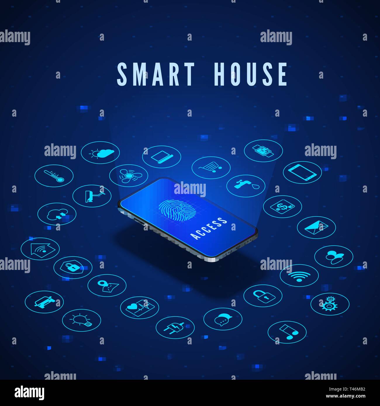 Smart House Banner. Smartphone mit Fingerabdruck auf dem Bildschirm und Symbole festlegen. Smart Home Monitoring- und Kontrollsysteme. Vector Illustration Stock Vektor