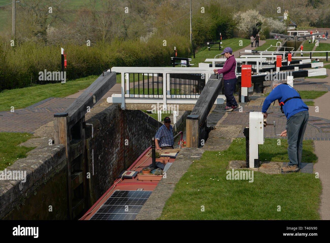 Foxton locks ist die größte Treppe lock Flug in England mit 10 Schleusen. Erbaut 1810-14 Es ist ein Wunder Bau und Maschinenbau. Stockfoto