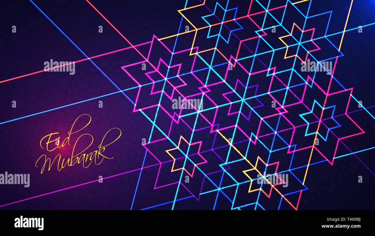 Eid Mubarak Poster, Banner oder Grußkarte Design. Vector Illustration der abstrakten hellen Hintergrund mit leuchtenden Neon geometrische islamischen Muster Stock Vektor