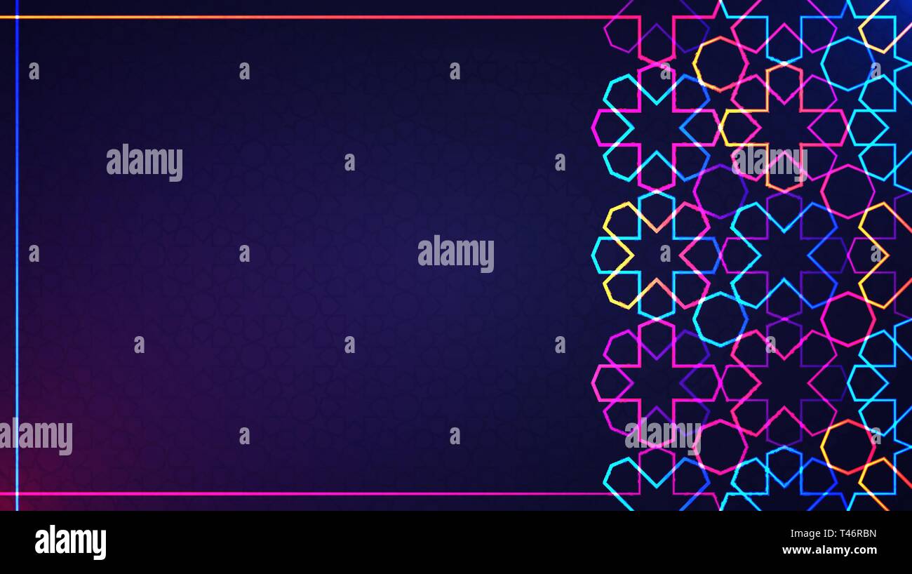Eid Mubarak Poster, Banner oder Grußkarte Design. Vector Illustration der abstrakten hellen Hintergrund mit leuchtenden Neon geometrische islamischen Muster Stock Vektor