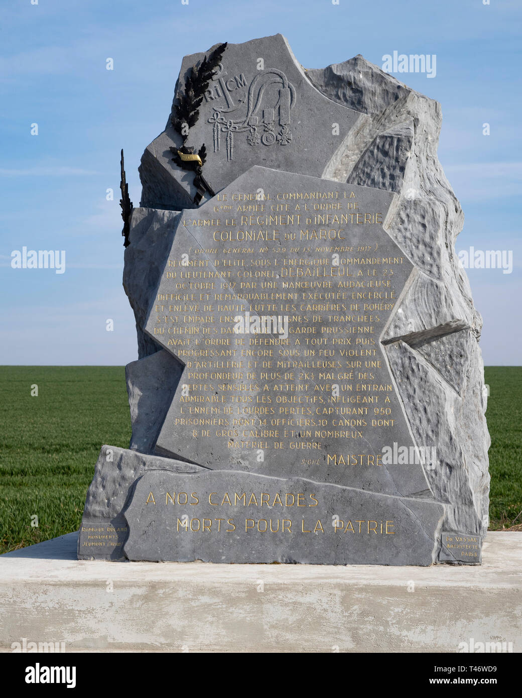 Das Denkmal zur Erinnerung an die Kolonialen Infanterie Regiment von Marokko (RICM) auf dem Chemin des Dames Stockfoto