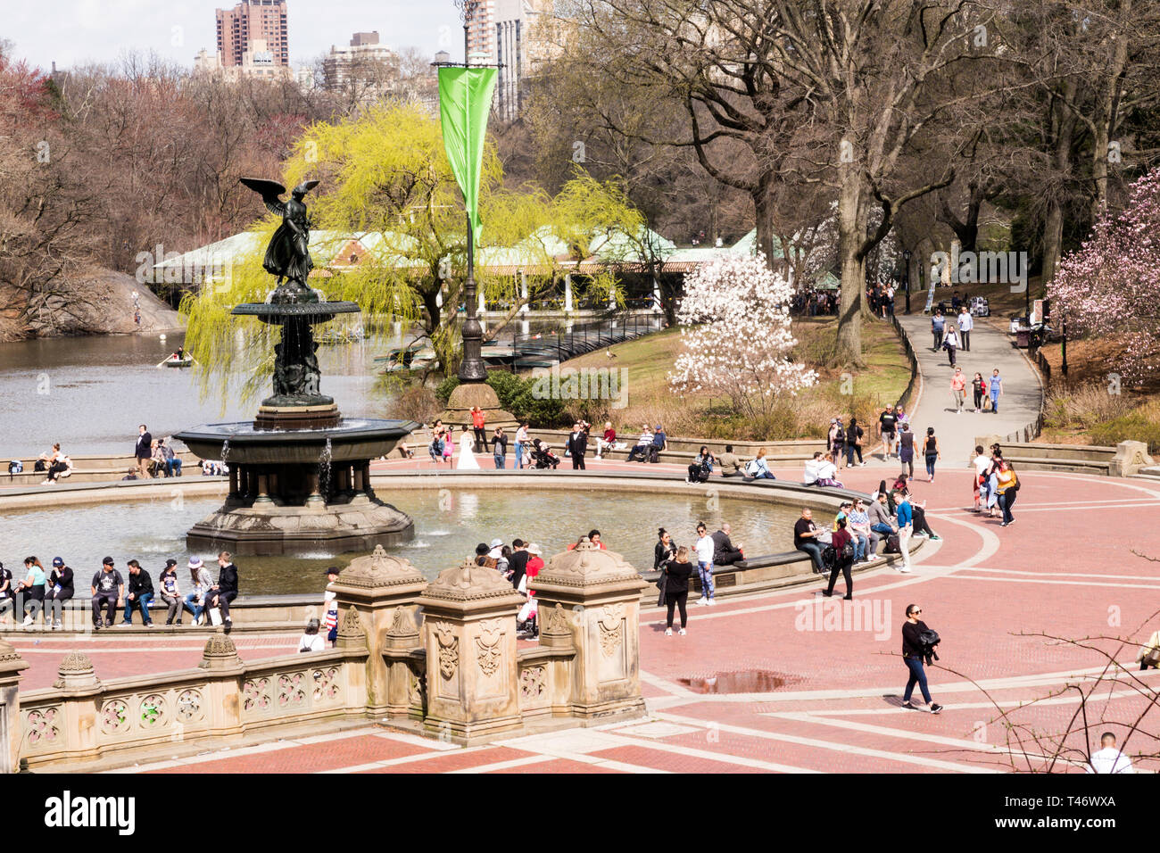 Bethesda Plaza, Engel der Wasser Brunnen in Springtine, NYC Stockfoto