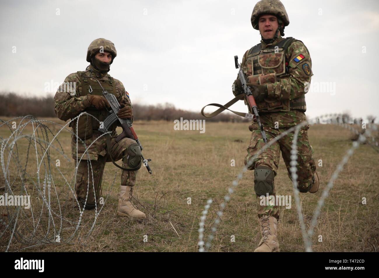 Soldaten der rumänischen Armee 341 Infanterie Bataillon verhalten Verletzung Operationen mit US-Marines mit speziellen Zweck Marine Air-Ground Task Force-Crisis Response-Africa 19.1, Marine Kräfte in Europa und in Afrika, während Platin Eagle 19.1, eine multilaterale Übung am Babadag, Rumänien, 15. März 2019. SPMAGTF-CR-AF ist eingesetzt Krise - Reaktion und Theater zu leiten - Security Operations in Afrika und die Förderung der regionalen Stabilität durch die Durchführung von militärischen Übungen in ganz Europa und Afrika. Stockfoto