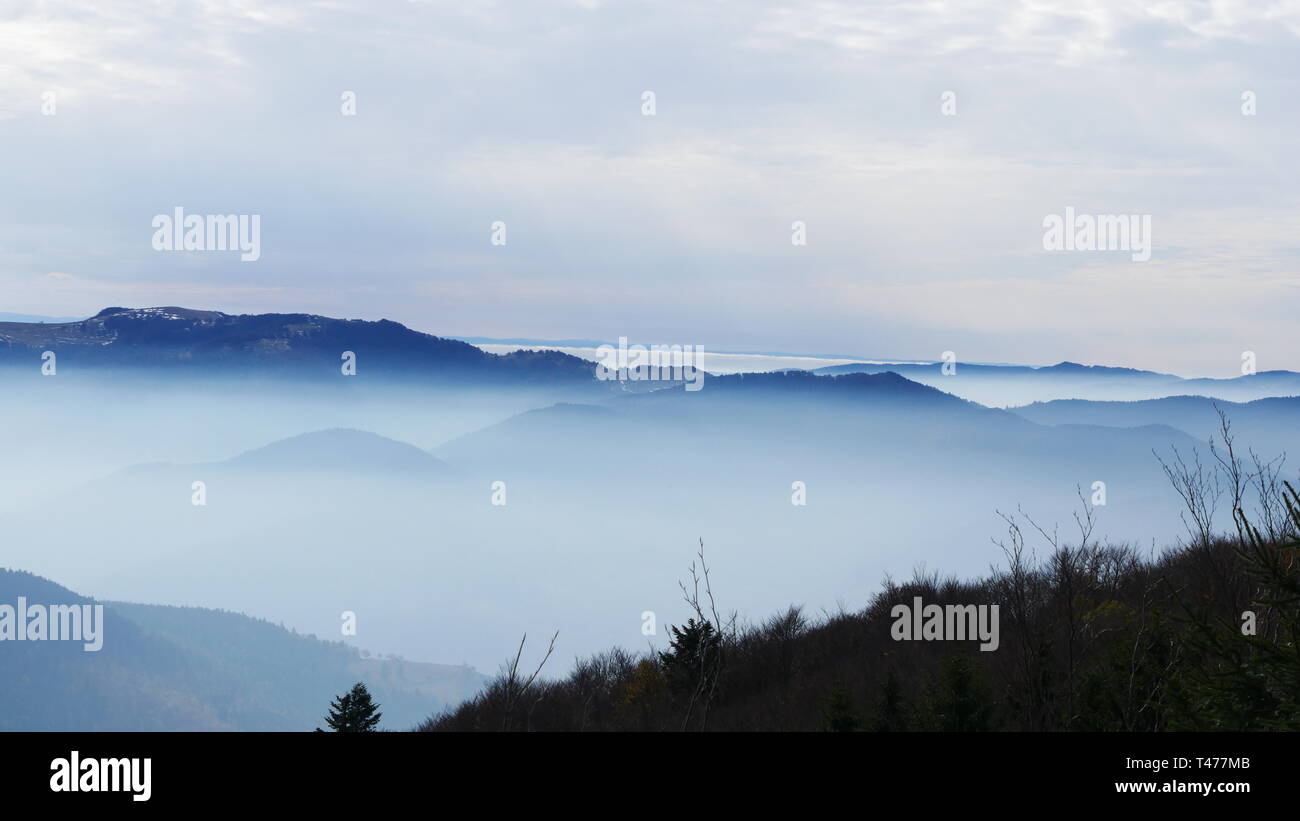 Herbst Nebel in den Vogesen, Frankreich und in die Schweizer Alpen anzeigen Stockfoto