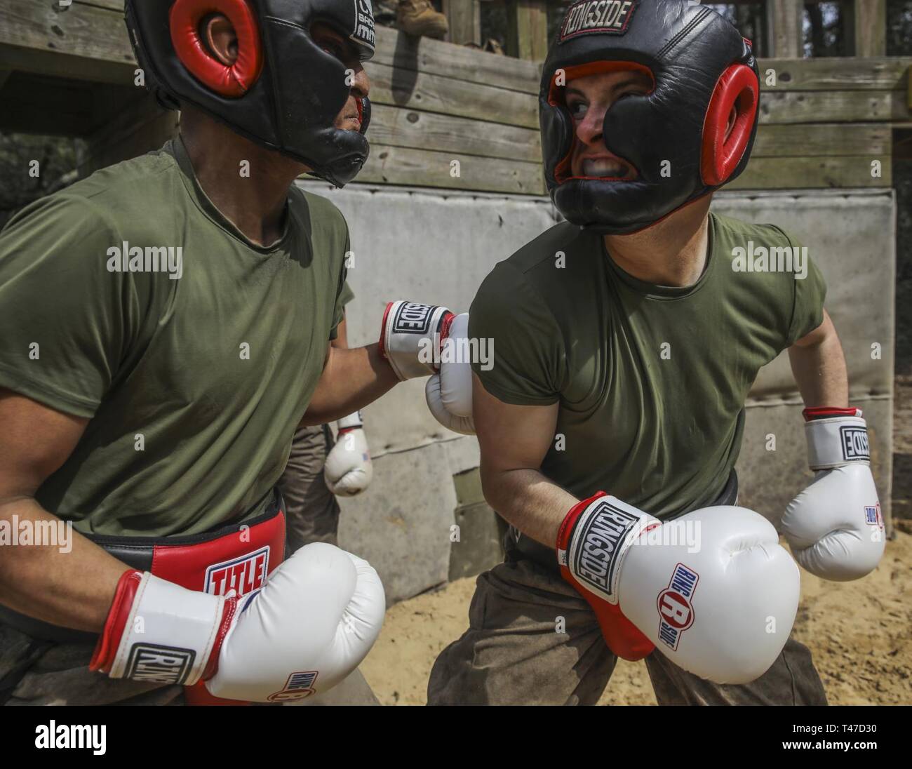 Rekrutieren Joseph Dickman mit Indien Unternehmen, 3. rekrutieren Ausbildung Bataillon, engagiert sich in Körper, Sparring und pugil hängt während der tiegel bei Marine Corps Recruit Depot Parris Island, S.C., 15.03.2019. Körper Sparring und pugil sticks Hilfe Rekruten die Grundlagen des Marine Corps Kampfsportarten gelten Stockfoto