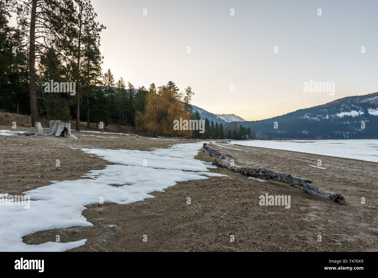 Kalter morgen Landschaft von gefrorenen Little Shuswap Lake British Columbia Kanada. Stockfoto