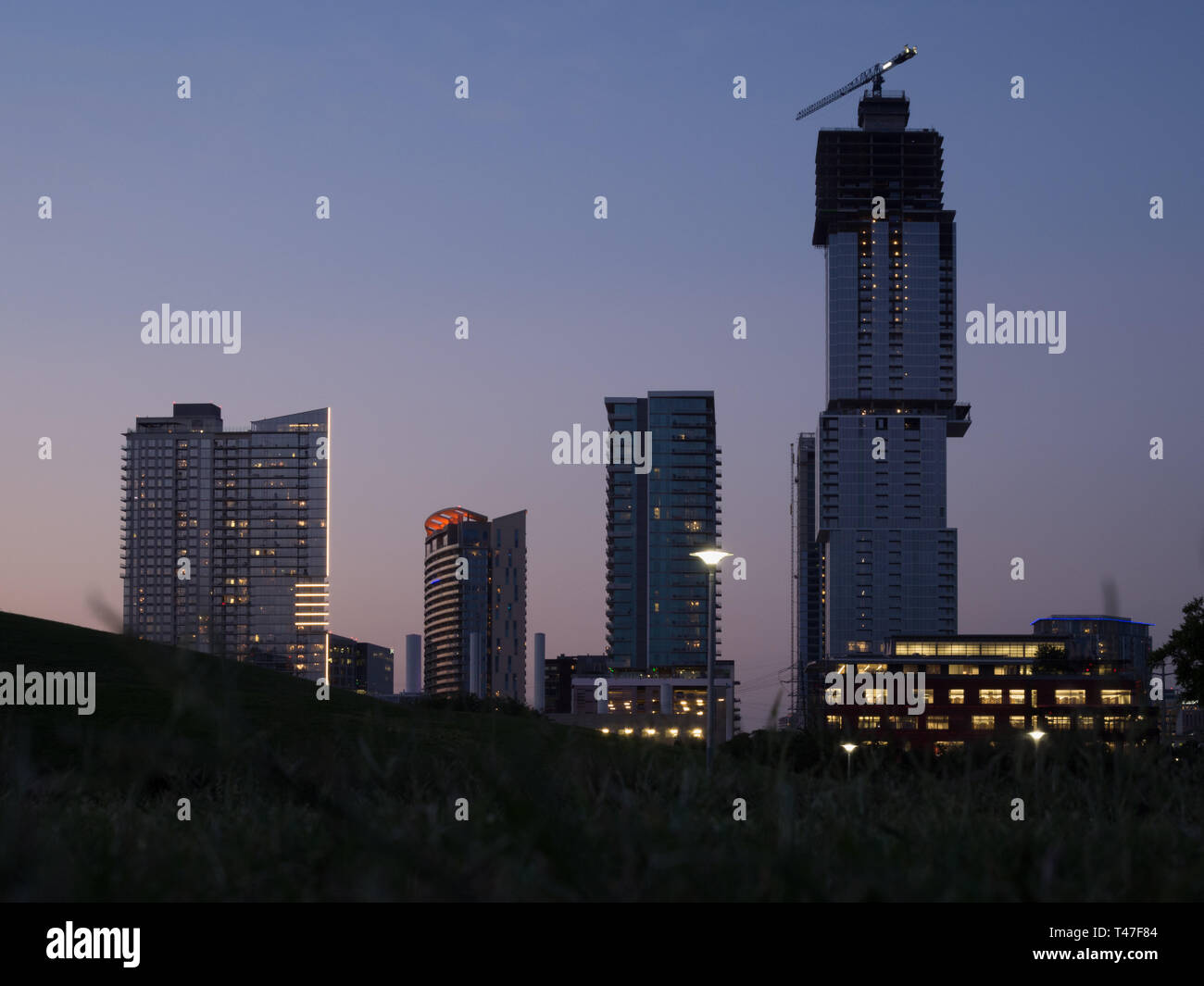 Towers of Austin, Texas vom Butler Park aus gesehen Stockfoto