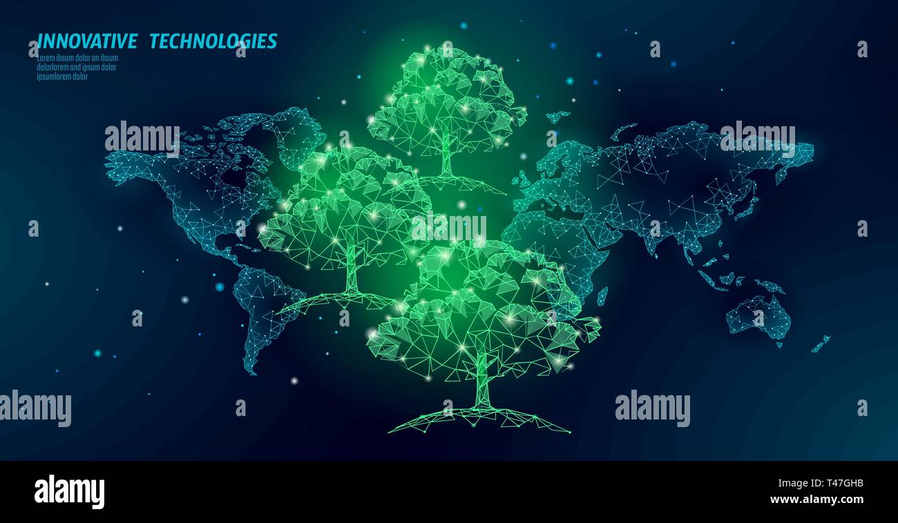Speichern Waldökologie abstrakte banner Vorlage. Eco Regenwald Sicherheit Umweltschutz grüne Bäume auf Weltkarte 3d-polygonalen dunkelblauen Hintergrund Stock Vektor