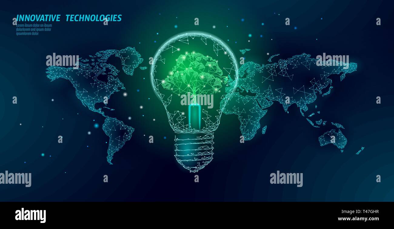 Glühbirne mit Baum auf der Weltkarte. Lampe Energie sparen Ökologie Umwelt Idee Konzept. Polygonale Licht Strom green energy Power banner Vektor Stock Vektor
