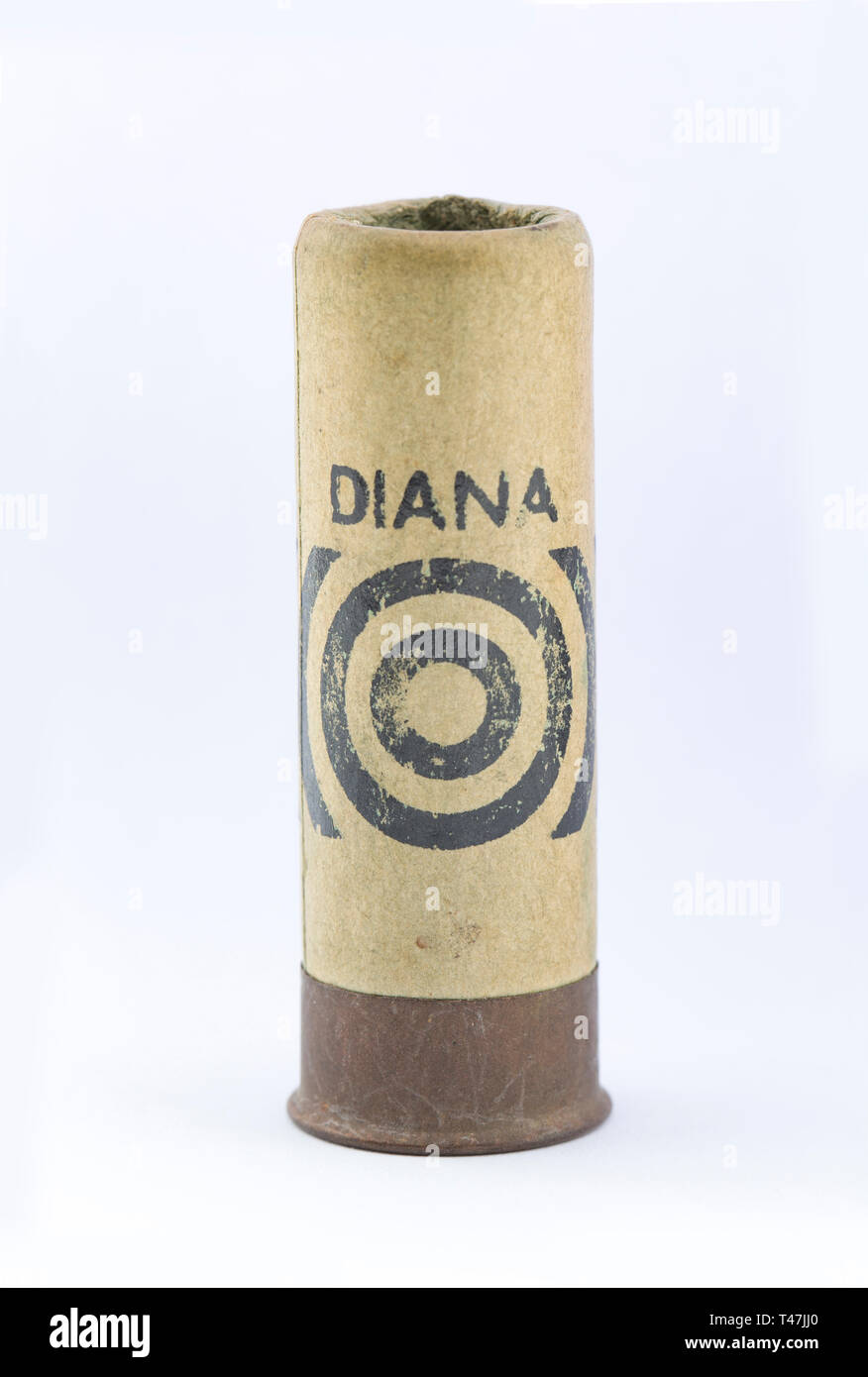 Eine alte Diana 12 gauge Papier Fall Schrotflinte Patrone mit Bleischrot pellets geladen. Shotgun Patronen zu sammeln ist ein Hobby, zum Beispiel werden kann, keine Stockfoto