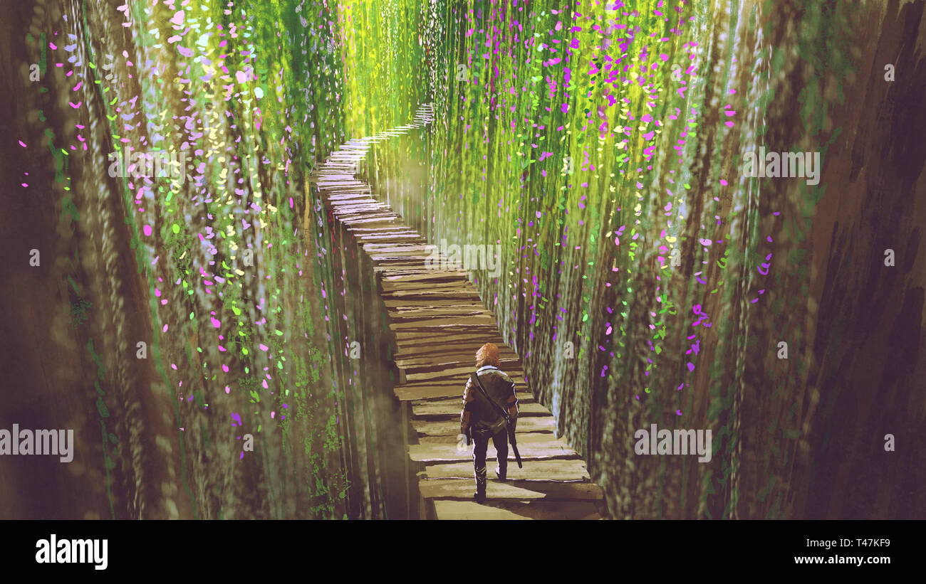 Ritter zu Fuß auf hölzerne Brücke, die durch grüne Reben und Blumen, Digitale Kunst Stil umgeben, Illustration Malerei Stockfoto