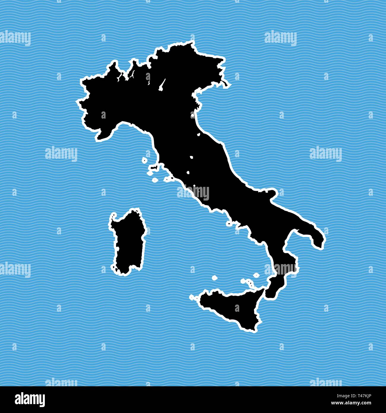 Italien Karte als Insel. Karte auf Blue Wave Wasser Hintergrund getrennt. Stock Vektor