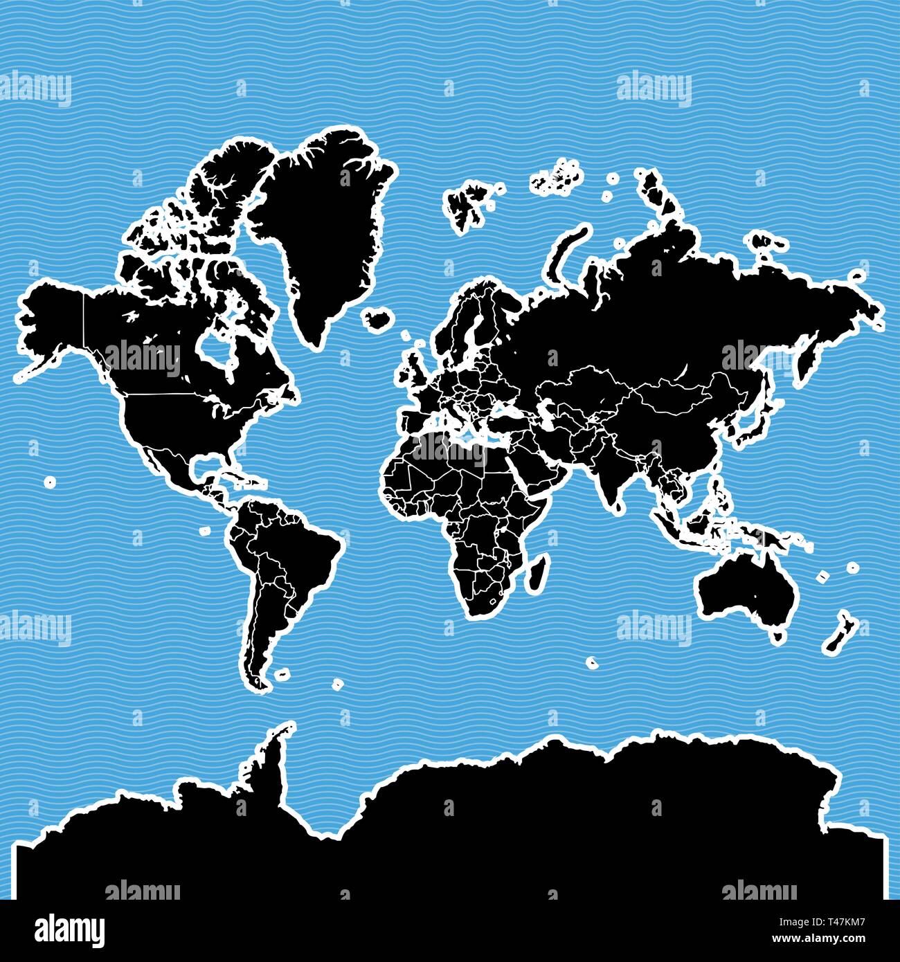 Welt Karte als Insel. Karte auf Blue Wave Wasser Hintergrund getrennt. Stock Vektor
